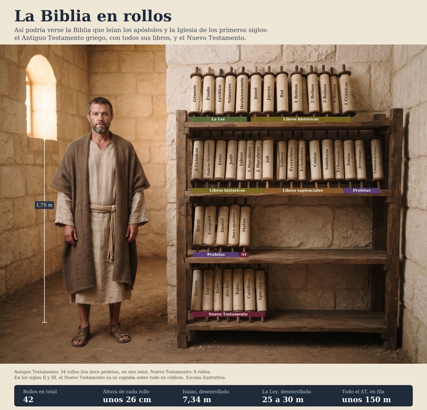 Un hombre de pie junto a una estantería con los rollos que componían la Biblia: más de cuarenta rollos, cada uno con el nombre de su libro